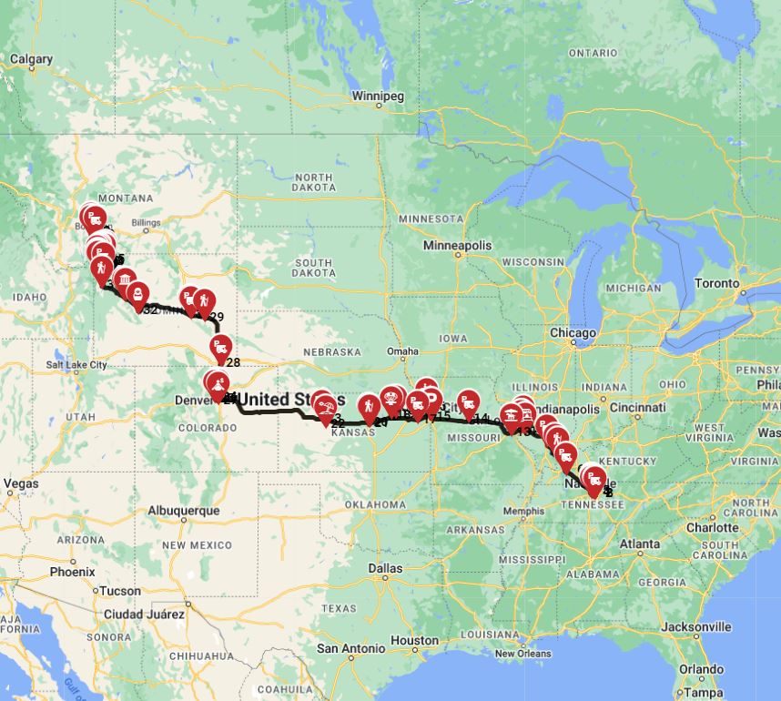 Map for Nashville to Bozeman - including the Yellowstone